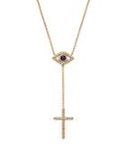 Diamond And Blue Sapphire Evil Eye And Cross Y Necklace In 14k Yellow Gold, 14