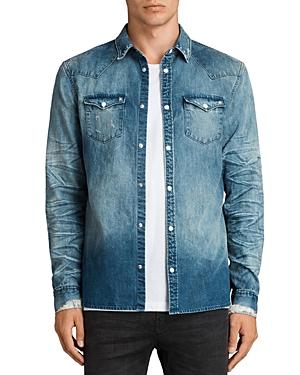 Allsaints Ikeola Distressed Chambray Slim Fit Button-down Shirt