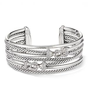 David Yurman Sterling Silver Cable Buckle Crossover Cuff Bracelet With Diamonds