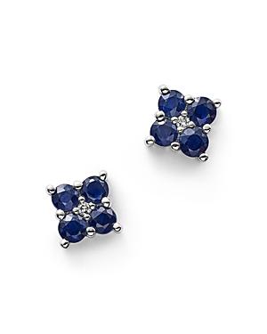 Blue Sapphire And Diamond Stud Earrings In 14k White Gold