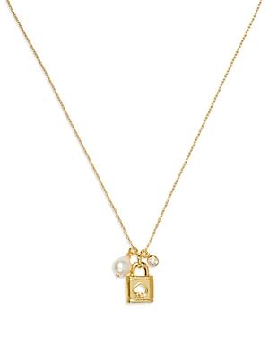 Kate Spade New York Lock And Spade Cubic Zirconia, Freshwater Pearl & Padlock Charm Mini Pendant Necklace In Gold Tone, 16-19