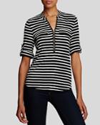 Calvin Klein Striped Zip Front Roll Sleeve Knit Blouse