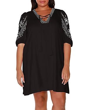 Belldini Plus Embroidered Tie Neck Dress