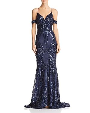 Bariano Karlie Cold-shoulder Sequined Gown
