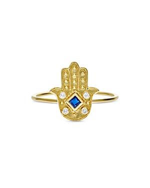 Amrapali Jewels Blue Sapphire & Diamond Hamsa Ring In 18k Yellow Gold