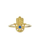 Amrapali Jewels Blue Sapphire & Diamond Hamsa Ring In 18k Yellow Gold
