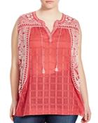 Lucky Brand Plus Embroidered Windowpane Blouse