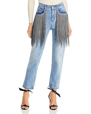Hellessy Lance Fringe Trim Straight Leg Jeans In Medium Wash