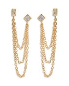 Luv Aj Baguette Crystal Double Stud Cascading Chain Drop Earrings In Gold Tone