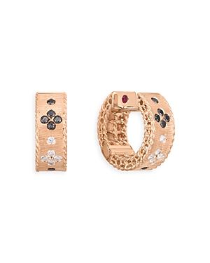 Roberto Coin 18k Rose Gold Venetian Princess Black & White Diamond Flower Huggie Hoop Earrings