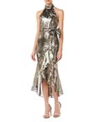 Ml Monique Lhuillier Silk Blend Floral Metallic Halter Dress