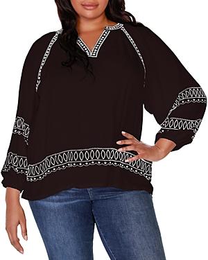 Belldini Plus Embroidered Split Neck Top