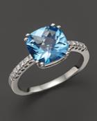Blue Topaz Cushion Ring With Diamonds In 14k White Gold