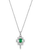 Bloomingdale's Emerald, Princess- & Round-cut Diamond Deco Pendant Necklace In 14k White Gold, 16 - 100% Exclusive