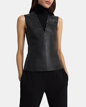 Theory Leather & Rib Knit Combo Sleeveless V Neck Top