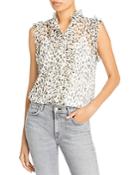 7 For All Mankind Sleeveless Printed Silk Ruffle Neck Blouse