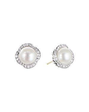 David Yurman Sterling Silver Continuance Pearl Button Earrings With Diamonds