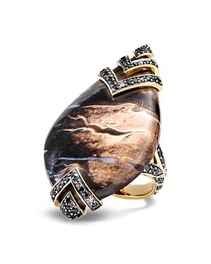John Hardy 18k Yellow Gold Cinta Collection One-of-a-kind Palm Petrified Wood, Pave Brown Diamond & Treated Black Diamond Modern Chain Ring - 100% Exclusive