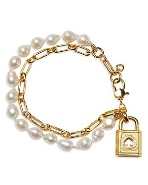 Kate Spade New York Lock And Spade Padlock Charm Paperclip Link & Freshwater Pearl Double Row Bracelet In Gold Tone