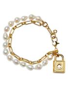 Kate Spade New York Lock And Spade Padlock Charm Paperclip Link & Freshwater Pearl Double Row Bracelet In Gold Tone