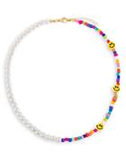 Adinas Jewels Smiley Face, Neon Multicolor Bead & Faux Pearl Choker Necklace In Gold Tone, 14.5-16.5