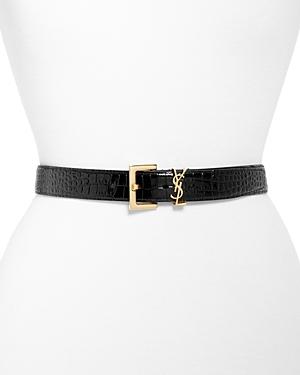 Saint Laurent Women's Logo Croc Embossed Leather Belt