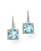 Judith Ripka 18k Yellow Gold And Sterling Silver Berge Cushion Drop Earrings With Sky Blue Topaz And Diamonds