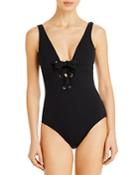 Shoshanna Textured Lace Up Underwire One Piece Swimsuit