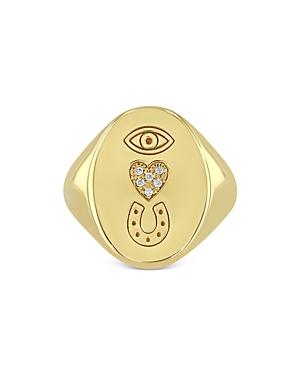 Zoe Chicco 14k Yellow Gold Midi Bitty Symbols Diamond Heart, Horseshoe & Evil Eye Signet Ring