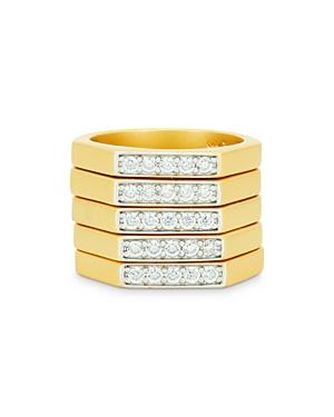 Freida Rothman Glistening Cubic Zirconia Angled Stack Rings In Two Tone Sterling Silver, Set Of 5
