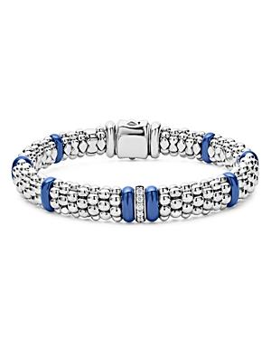 Lagos 18k Yellow Gold & Sterling Silver Diamond & Blue Ceramic Rondelle & Caviar Bead Statement Bracelet