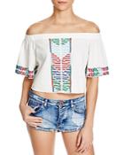 Piper Embroidered Off-the-shoulder Crop Top