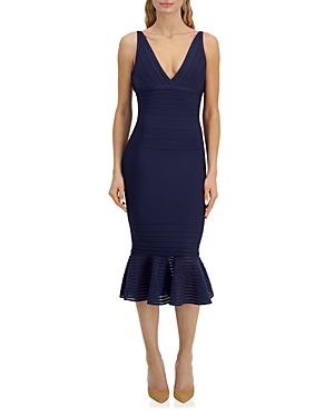 Herve Leger V Neck Bandage Flare Hem Midi Dress