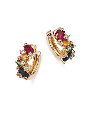 Suzanne Kalan 18k Yellow Gold Fireworks Rainbow Sapphire & Diamond Huggie Hoop Earrings