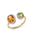 Citrine And Peridot Two Stone Ring With Diamonds In 14k Yellow Gold