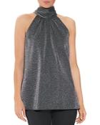 Halston Mock Neck Draped Metallic Knit Top