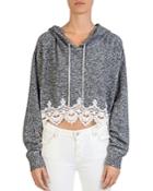 The Kooples Cropped Fleece Lace-trim Hooded Sweatshirt