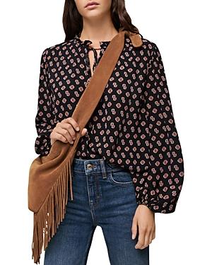 Maje Monogram Tie Neck Puff Sleeve Top