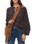 Maje Monogram Tie Neck Puff Sleeve Top