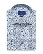 David Donahue Blue And Tan Floral Print Fusion Shirt