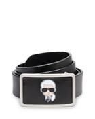 Karl Lagerfeld Paris Men's Karl Head Plaque Buckle Saffiano Leather Belt
