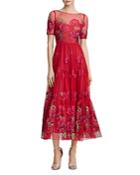 Marchesa Notte Floral-embroidered Midi Dress