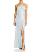 Aqua Cross Neck Sequin Gown