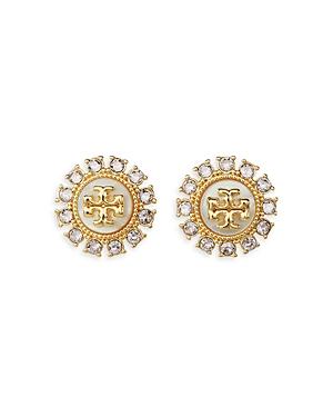 Tory Burch Kira Crystal & Mother Of Pearl Logo Stud Earrings In 18k Gold Plated