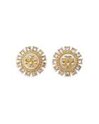Tory Burch Kira Crystal & Mother Of Pearl Logo Stud Earrings In 18k Gold Plated