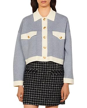 Sandro Cher Cropped Contrast Trim Knit Cardigan