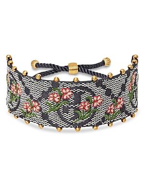 Tory Burch T Monogram Logo & Floral Embroidery Slider Bracelet
