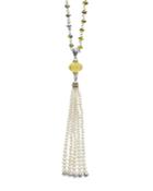 Lagos 18k Gold & Sterling Silver Caviar Forever Olive Quartz Melon Bead, Green Tourmaline & Cultured Freshwater Pearl Tassel Necklace, 36