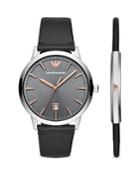 Emporio Armani Three-hand Black Leather Watch Gift Set, 43mm