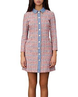 Maje Renise Chambray Trim Tweed Shirt Dress